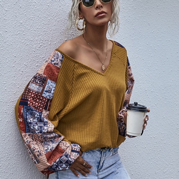 brown  v neck wide sleep waffle long sleeve top - Picture 3 of 16